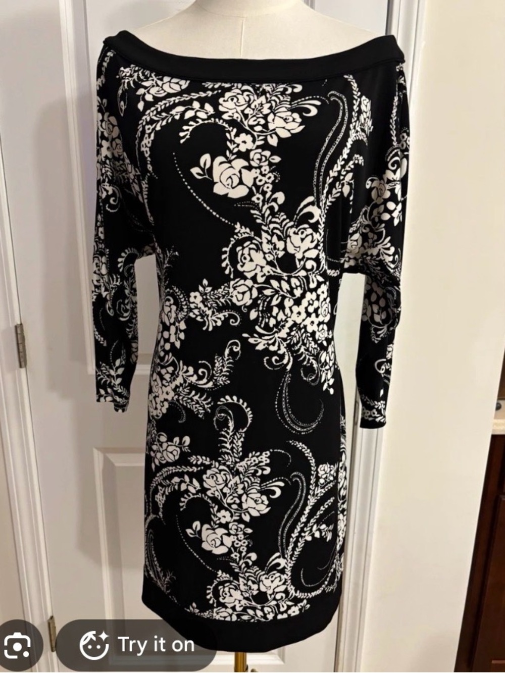 White House Black Market Black and White Floral Boatneck Dress